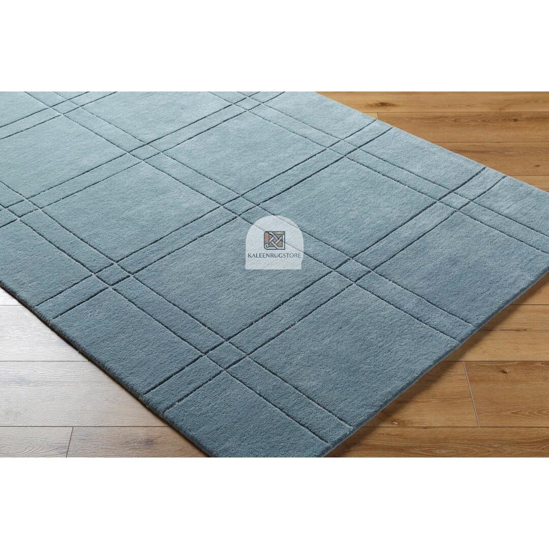 Modern Dusty Blue Hand-tufted Wool Rug Handmade Steel Blue Woolen Rug ...