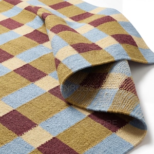 Kleurrijk geruit handgeweven tapijt - bordeauxrood geometrisch katoen Dhurrie - groot platgeweven vloerkleed voor woonkamer - uniek minimalistisch tapijt