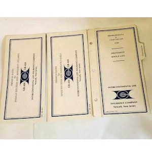Interkontinentales Lebensversicherungsgesellschaft Newark NJ Premium Rate Cards 1970er Jahre