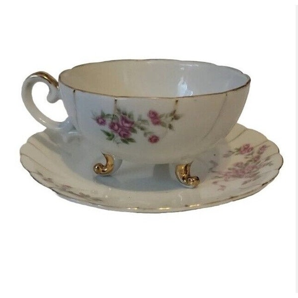 Vintage Ucagco Teacup Saucer 3 Footed Feet Pink Flower Gold Trim Made in Japan