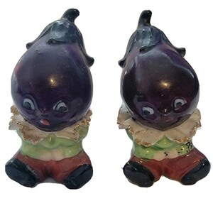 Vintage Anthropomorphic Eggplant Salt and Pepper Shakers 2.5&quot; Japan Cute Veggies