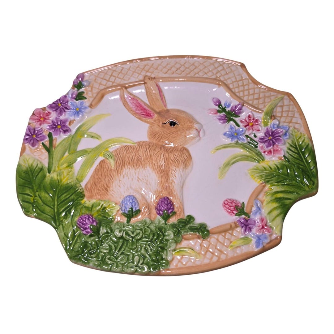 Spring Rabbit Dish Vintage Easter Bunny Serving Dish Cookie Plate Sapota Tan Rabbit Spring ...