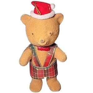 Vintage Flocked Teddy Bear Santa Claus Christmas Decoration Bow Tie Red Green