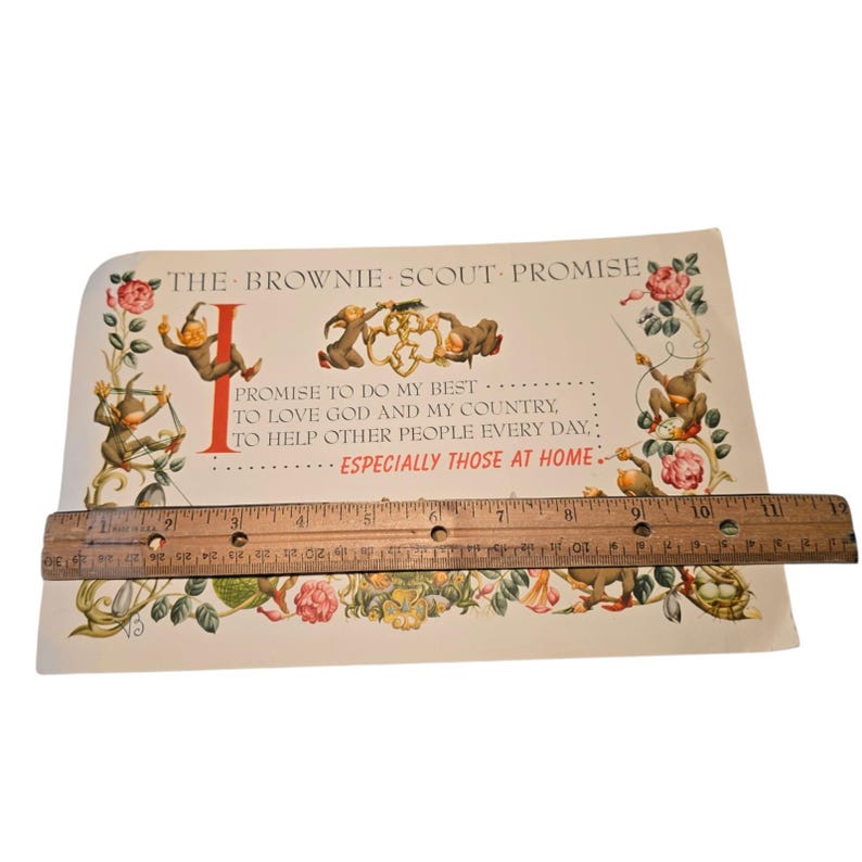 May include: Vintage Brownie Scout Promise print with illustrations of elves and floral accents. The text reads "Promise to do my best...to love God and my country...to help other people every day...especially those at home."