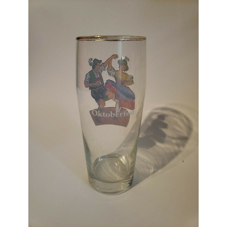 Vintage Oktoberfest Beer Glass Stein Dancing Man Woman Dirndl Lederhosen image 7