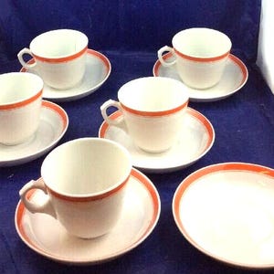 Pillivuyt Tea Coffee Cups and Saucers White Orange Stripes Vintage Mid Century