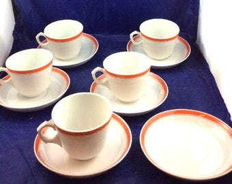 Pillivuyt Tea Coffee Cups and Saucers White Orange Stripes Vintage Mid Century