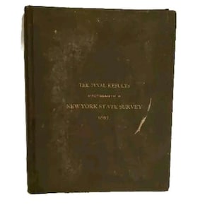 Op de afbeelding: Een donkergroen boek met de titel "The Final Results of the Enumeration of the New York State Survey 1887" op de voorzijde.