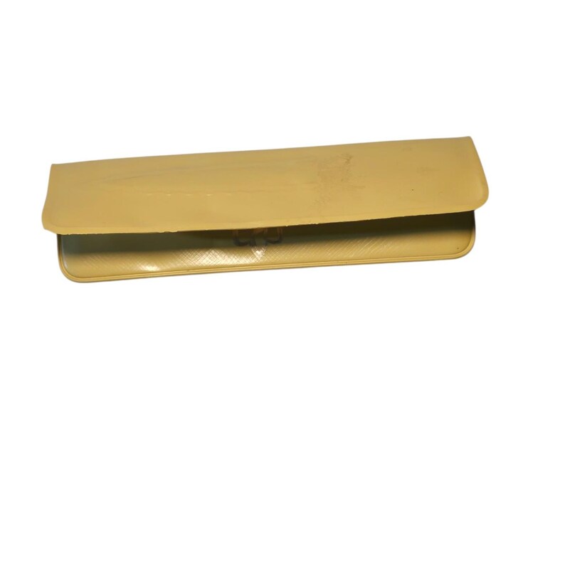 May include: A light tan clutch purse with a rectangular shape. The purse has a curved top flap and a textured surface. The interior is visible, and the purse appears to be empty. The background is white.