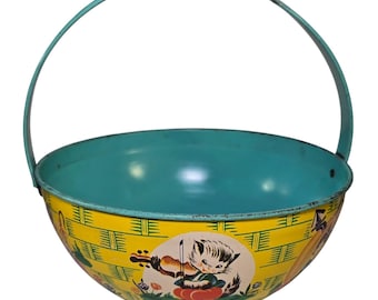 Cestino di Pasqua vintage J Chein anni '40, latta litografata, filastrocca, gatto verde acqua e giallo