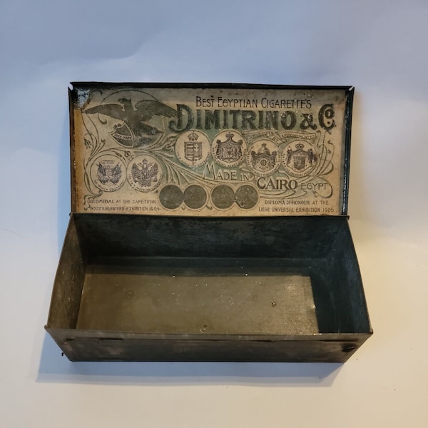 Dimitrino & Co Cigarette Box Antique Metal Tin Art Nouveau Cairo Egypt Vintage