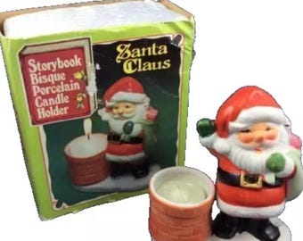 Storybook Bisque Porcelain Candle Holder Santa Claus Vintage Christmas