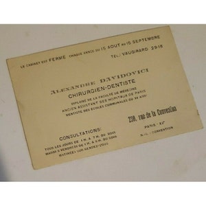 Alexandre Davidovich Cartão de visita coisas efêmeras Dentista Paris França década de 1930 década de 1940