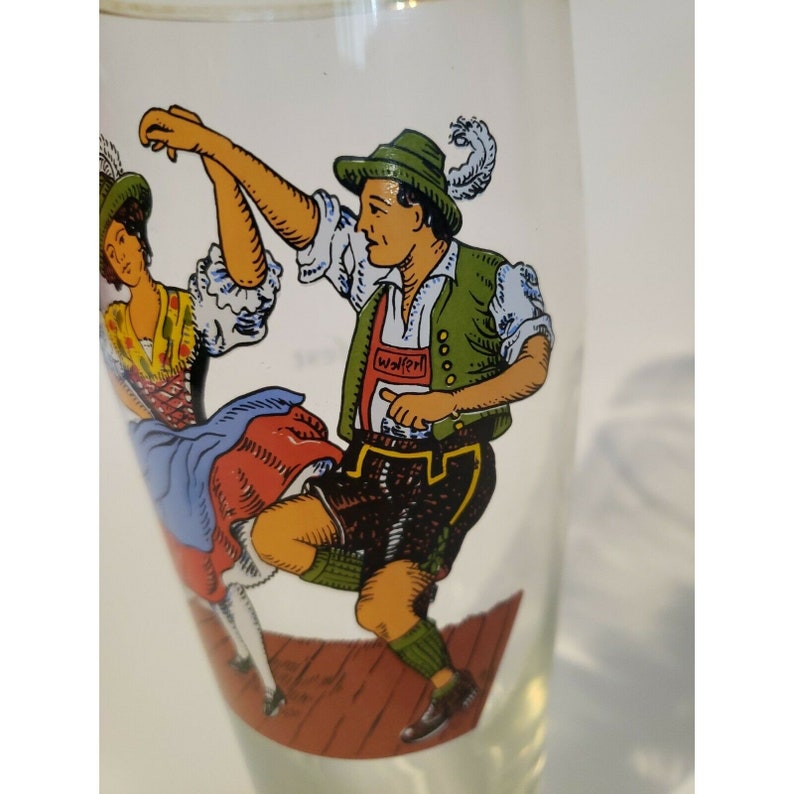 Vintage Oktoberfest Beer Glass Stein Dancing Man Woman Dirndl Lederhosen image 3