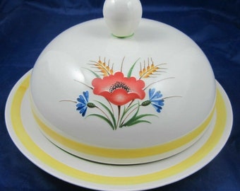 Vintage Arabia of Finland Cheese Butter Dish ARA55 Red Blue Flower MCM