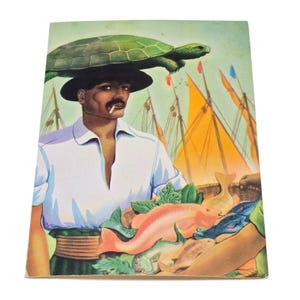 May include: Vintage illustration of a man with a turtle on his head, holding a basket of fish. The man wears a white shirt, black hat, and has a cigarette in his mouth. The background features boats with orange sails.