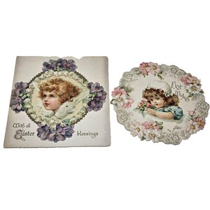 Tarjeta antigua troquelada con los mejores deseos, bendiciones de Pascua, niña, flores, estilo victoriano troquelado