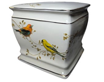 Ceramic Tissue Box Cover Gilded Birds Cream Colored Chad Barrett Art in Motion