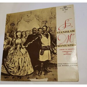 May include: A vintage vinyl record cover featuring a black and white illustration of people dancing in a ballroom. The cover is titled "Stanislaw Moniuszko" and includes the text "Utwory na Orkiestrę" and "Compositions for Orchestra".