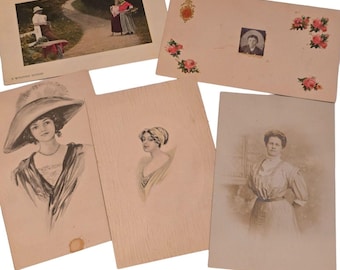 Postales antiguas antiguas de mujer, niño y niño, postal de principios del siglo XX