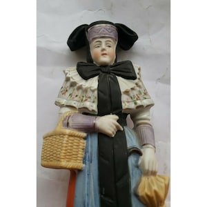 Vintage Figurine Woman Russian Victorian Black Ribbon Basket Umbrella Porcelain