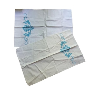 Vintage Embroidered Pillowcases Hand Sewn White Turquoise Embroidery Bed Linen