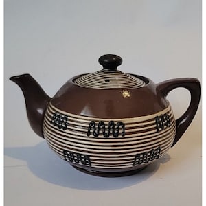 Vintage Enesco Teapot Mid Century Brown White Stripes MCM Tea Pot