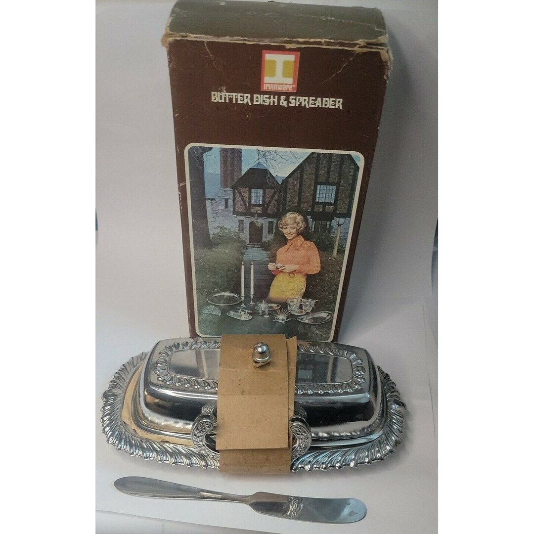 Vintage Irvinware Butter Dish Spreader Lid Glass Insert Chrome Etsy