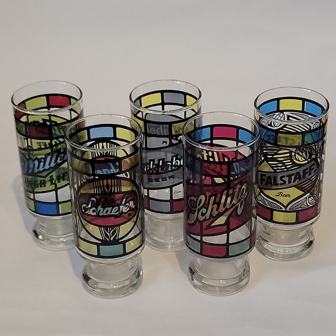 Vintage Stained Glass Beer Glasses Falstaff Black Label Miller Etsy