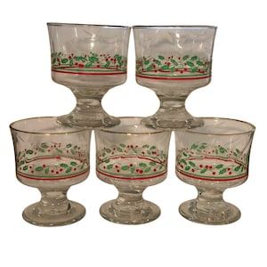 Arby&#39;s Libbey Holly Berry Gold Rim 4&quot; Christmas Dessert Glass Cup Set of 5