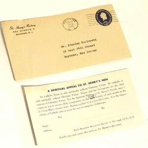 1952 gestempelter Umschlag St Henry&#39;s Rectory Church Bayonne NJ Stanley Kozlowski