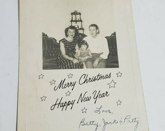 Vintage Merry Christmas Happy New Year Family Photo Postcard 1950s 1960s