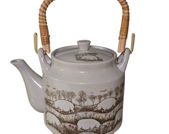 Vintage Teapot Stoneware Bamboo Handle Country Garden Farm Pigs Japanese