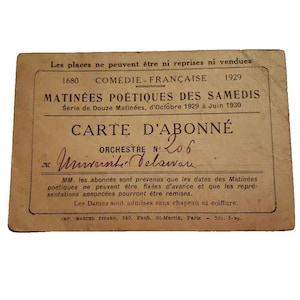 Carte d'abonné 1929 1930 Matinees Poetiques des Samedis Paris France