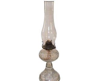 Antieke helderglazen olielamp bubble wafel orkaan schoorsteen vintage 18,5"