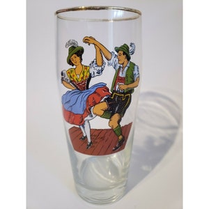 Vintage Oktoberfest Beer Glass Stein Dancing Man Woman Dirndl Lederhosen image 1