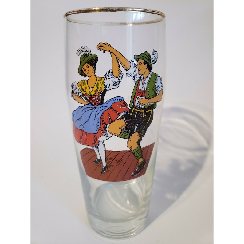 Vintage Oktoberfest Beer Glass Stein Dancing Man Woman Dirndl Lederhosen image 1
