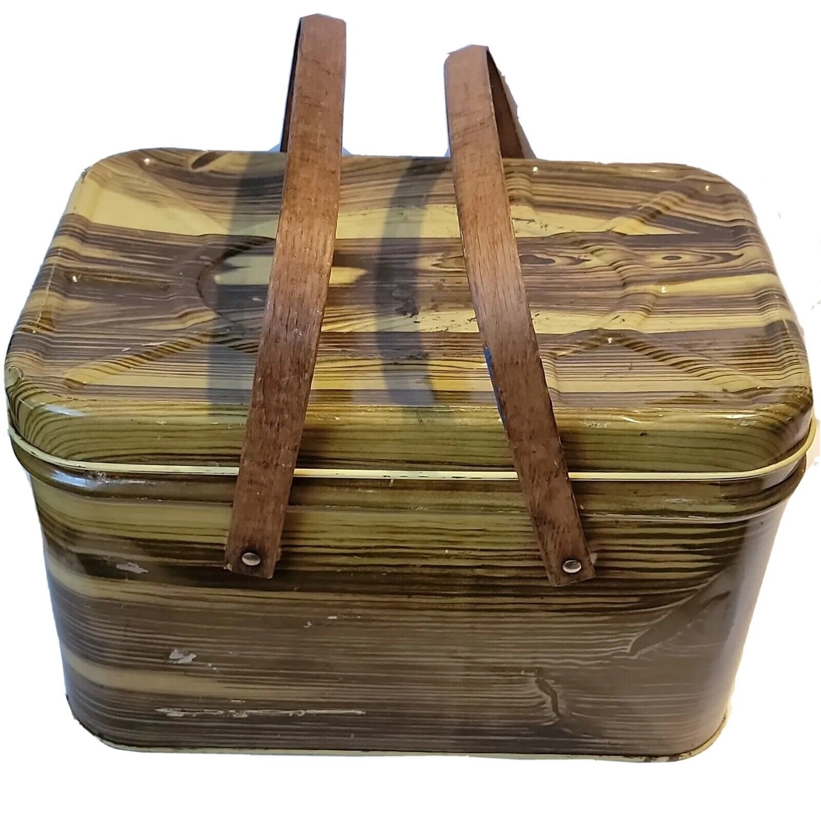 Vintage Metal Picnic Basket Litho Faux Wood 1950s Mid Century Box Wooden Handle