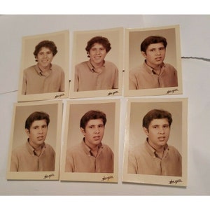 May include: Six sepia-toned photographs of a young man with dark hair and a light brown shirt. Each photo has the name "Alan Agullo" written in cursive at the bottom.