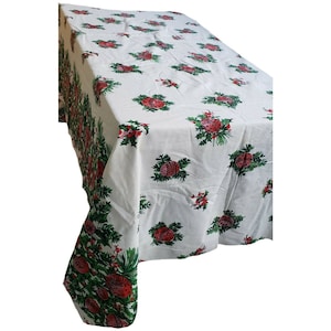 Vintage Christmas Tablecloth Ornaments Holly Tree Branches 52.5 x 90 inch MCM