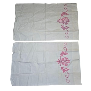 Fundas de almohada bordadas vintage, funda de almohada de lino con bordado blanco y rosa