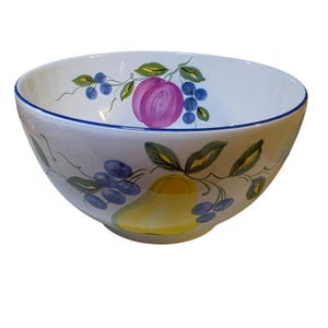 May include: A white ceramic bowl with a blue rim, featuring hand-painted illustrations of a yellow pear, a purple plum, and clusters of blue grapes with green leaves. The fruit designs are arranged around the exterior and interior surfaces.