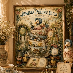 May include: A framed print titled The Tale of Jemima Puddle-Duck featuring a stack of floral teacups, a duck in a bonnet, and garden scenes. The artwork includes text, a small open book, and decorative elements in soft pastel colours and earthy tones.