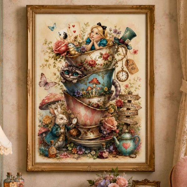 Wonderland Tea Party Stacked Teacup Poster |  Enchanted Alice in Wonderland Inspired Wall Art, Framed, Unframed or Digital