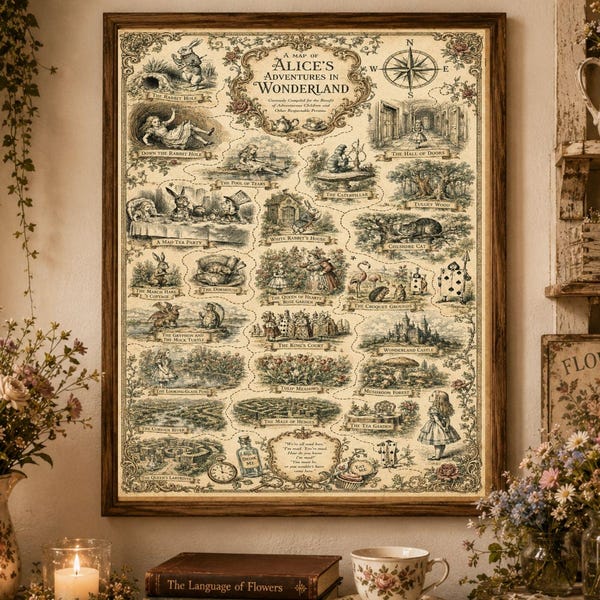 Wonderland "Alice's Wonderland Map"  Poster |  Enchanted  Fantasy Storybook Inspired Wall Art, Framed, Unframed or Digital