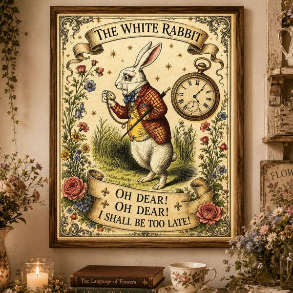 Wonderland White Rabbit Poster |  Enchanted  Vintage Storybook Wall Decor | Literary Illustration Wall Art, Framed, Unframed or Digital