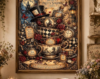 Può includere: Una stampa artistica da parete rettangolare con un'illustrazione di tazze da tè impilate con motivi di Alice nel Paese delle Meraviglie, tra cui un cilindro, carte da gioco, un orologio da taschino e il testo We're All Mad Here and Life Is Pretty Strange Indeed.