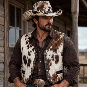 Handmade Cowhide Hair-On-Hide Leather Vest and Western Hat set Real Cow Skin Western Waistcoat