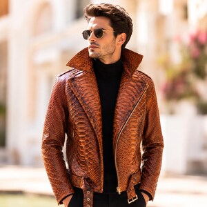 Giacca da motociclista in pelle effetto pitone - Cappotto da motociclista marrone