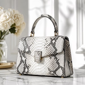 Puede incluir: Bolso de mano blanco y negro con estampado de piel de serpiente, con asa superior y forma rectangular. El bolso tiene un cierre de solapa con un cierre y herrajes dorados. El bolso está sobre una superficie de mármol.